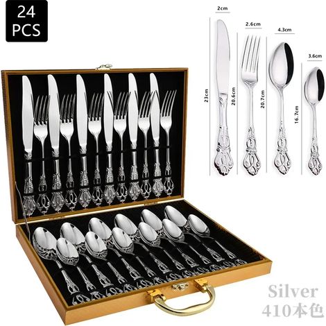 (Argent, 24 pièces) Ensemble de couverts en acier inoxydable, cuillères et fourchettes de style royal européen, design vintage, compatible lave-vaisselle. (1/2)