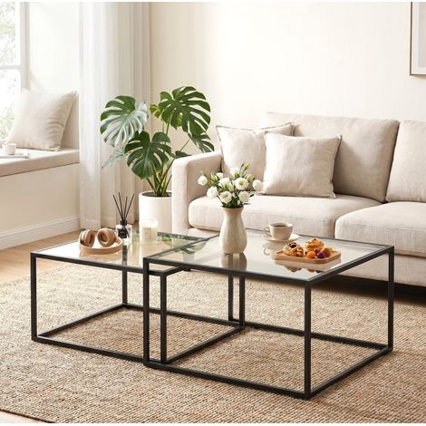 MEUBLIV Lot de 2 tables basses gigognes 75x75x42 cm noires – verre trempé et métal (1/5)