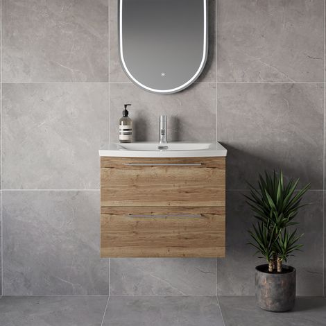 Napoli 390 Tobacco Oak 600mm Wall Mounted 2 Drawer Vanity Unit with Arc Basin - 600mm - Chrome 320mm Handle