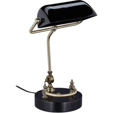 Relaxdays Lámpara Banquero Vintage, Tulipa Cristal Orientable, Madera, Luz Escritorio y Oficina, Rosca E27, Retro, Negro