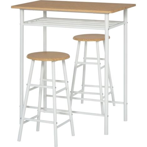 Ensemble table haute blanche avec 2 tabourets et étage de rangement, idéal pour cuisine et salle à manger