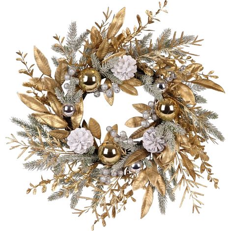 Weihnachtskürbis 50 cm, Künstliche Weihnachtskranz mit Pommes de Pin und Weihnachtskugeln, Adventskranz, Weihnachtsdekoration, Doré (1/4)