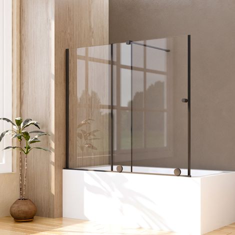 Duschwand für Badewanne mit Schiebetür 115x140cm, Schwarz Badewannenaufsatz Schiebetüren Duschwand Badewanne Schiebetür Duschtrennwand, Duschabtrennung für Badewanne aus 6mm ESG Glas