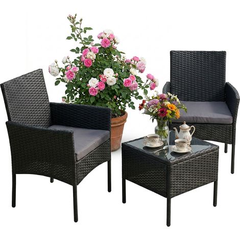 Relaxdays set da giardino 3 pz, PE-rattan, 2 poltrone & tavolo in vetro, nero
