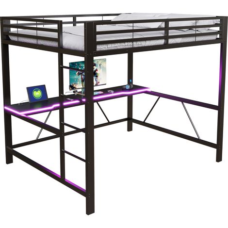 Lit mezzanine gaming 160x200 cm avec bureau éclairage led station usb, lit coffre design moderne gain de place chambre ado, structure métal noir (1/5)