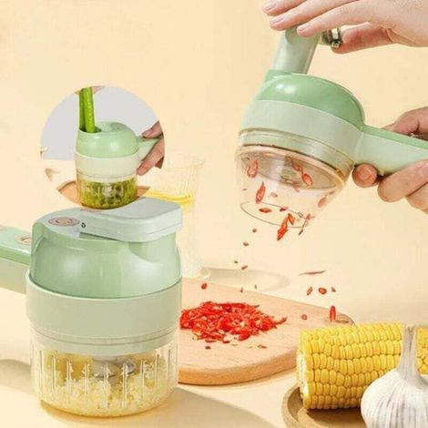 Coupe-légumes électrique - Râpe électrique - Coupe-légumes manuel - Hachoir électrique - Étanche - Avec brosse de nettoyage et lame à éplucher - Vert