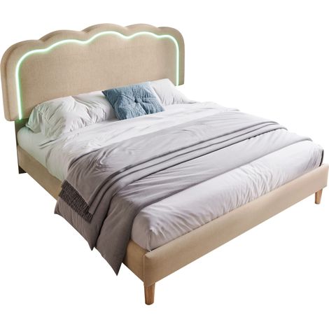 Letto per Adulti 140 x 200 cm in Lino, Letto Matrimoniale con Testiera Regolabile, Testiera Imbottita e LED, senza Materasso, Beige (1/5)