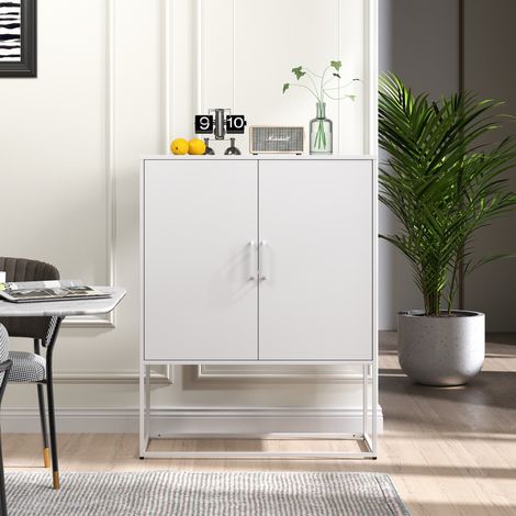 Aparador de metal blanco 85 x 40 x 109 cm con 2 baldas fijas, puertas magnéticas y anclaje a pared (1/5)