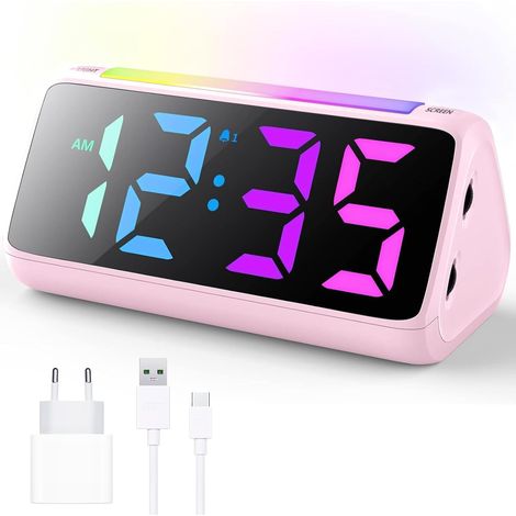 Réveil Numérique pour Enfants avec Lampe, Affichage LED Couleur, Gradateur de Luminosité 0-100%, 2 Réveils, Volume d'alarme 3, Réveil pour Les Garçons et Les Filles dans la Chambre à Coucher (1/5)