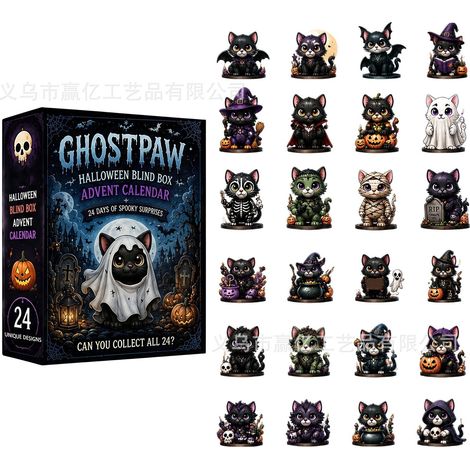 Calendrier de Compte à Rebours Halloween, Boîte Surprise, Pendentif Acrylique Fantôme et Petit Monstre, Modèle Chat Fantôme