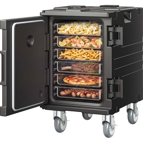 Conteneur Isotherme pour Bac Gastronorme 90 L, Boîte de Transport Alimentaire Empilable, Chargement Frontal, avec Boucle, Poignées et Roulettes, Porte-plateaux pour Restauration Cantine, Noir (1/5)