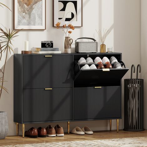 Armoire à chaussures 20 paires 4 tiroirs rabattables Portes cannelées + étagères réglables 105×24×91,5 cm Noir