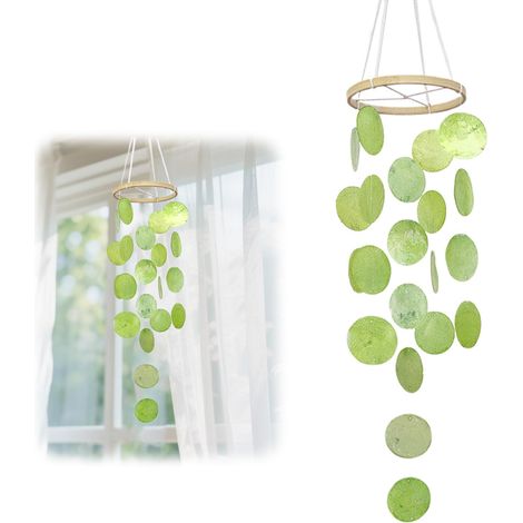 Lot de 2 carillons à vent coquillages verts avec anneau en bambou – Décoration intérieure décorative à suspendre, sons doux, design naturel frais (1/5)