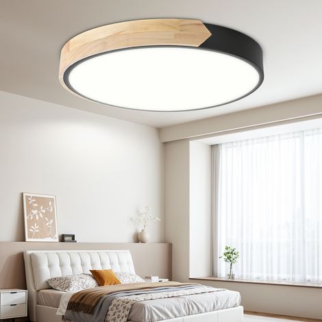 Jiubiaz LED Deckenleuchte Holz Dimmbar 60W 40cm Deckenlampe Wohnzimmer Schwarz mit Fernbedienung 3000-6000K