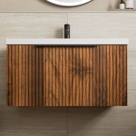 Fluted 800mm Bathroom Vanity Unit Basin Wall Hung Cupboard Soft Close Walnut (1/5)