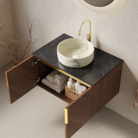 Meuble de salle de bain mural 76 cm,lavabo rond céramique motif pierre. Plan pierre frittée noire 2 portes finition chêne brun. (1/5)