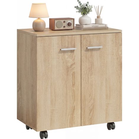 Niedriges Sideboard mit Rollen und 2 Türen, Stauraum mit Einlegeboden, 60x35x65 cm, Naturholz, ideal für Wohnzimmer oder Küche.