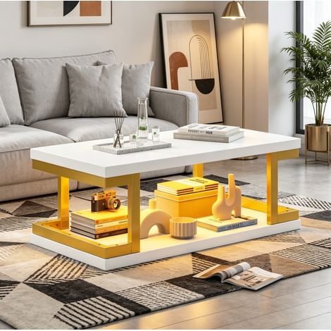 Tavolino basso LED rettangolare 100 x 50 x 37,5 cm, MDF bianco e metallo dorato, 2 livelli DESVIAE (1/5)
