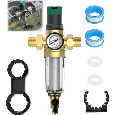 6pcs Backwash Filter, Brass 1 Inch Water Pressure Reducer and Pressure Gauge, 3/4 Inch Water Pressure Reducer DN 20 Sediment Filter, Reusable Household Water Filter (1/5)
