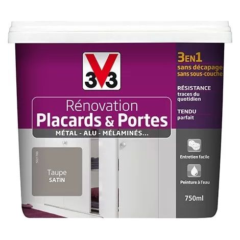 V33 – Peinture acrylique rénovation placards et portes – Satin taupe 0,75 L – Application sans sous-couche – Résistance traces du quotidien