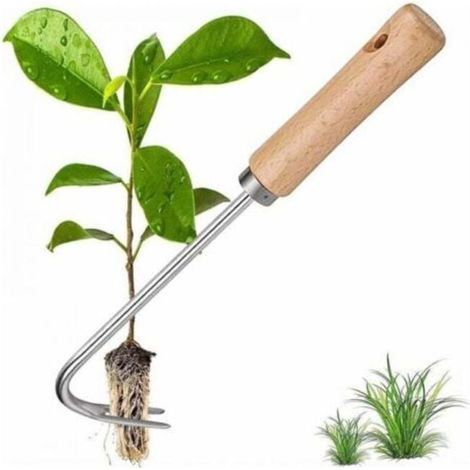 Outil de Désherbage en Acier Inoxydable, Désherbeur Manuel Herbe Jardinage avec Poignée Bois Désherbeur en Acier Inoxydable Extracteur de Mauvaises Herbes, pour Désherber Votre Jardin (1/5)