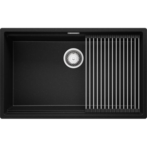 PRIMAGRAN Evier Sous Plan 76x47cm, Evier en Granit 1 bac + Kit de Vidage + Égouttoir Enroulable, Évier au meuble 80cm - Prague, Noir Métallisé (1/5)