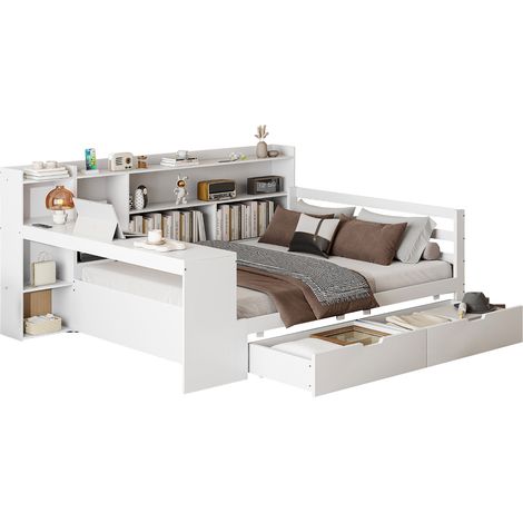 Canapé-lit en bois massif 140x200 cm, bureau, bibliothèque, étagères, prise, 2 grands rangements, lit double bois multifonction, blanc, matelas non inclus (1/5)