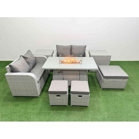 Fimous 7 Seater Outdoor Love Sofa Set Rattan Garden Furniture Set with Firepit Dining Table 3 Footstool 2 Side Tables Light Grey (1/4)