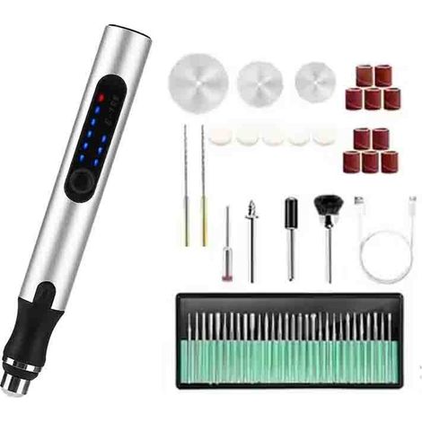 Stylo graveur électrique, 3 vitesses réglables, outil de gravure sans fil rechargeable, ensemble de 57 pièces (argent)