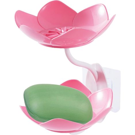 Porte-savon double mural sans perçage, en forme de fleur, avec bac de récupération pour savonnettes de salle de bain et douche. Fixation murale sans perçage. (1/5)