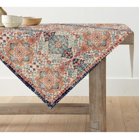 Tischdecke 85x85 cm quadratisch, Boho Vintage geometrisch, marokkanisch, Landhausstil, orange