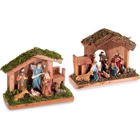 Presepe / Sacra Famiglia in legno con muschio e personaggi in resina, set da 4 pezzi, cm 15 x 6 x 11 H