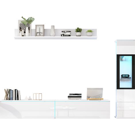 Ensemble mural TV 3 pièces blanc brillant avec éclairage LED, comprenant 1 meuble TV, 1 vitrine et 1 étagère murale (1/5)