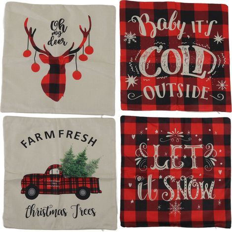 4 housses de coussin Noël 45x45cm en lin doux, motifs cerf, flocon et bonhomme de neige pour canapé salon (1/5)
