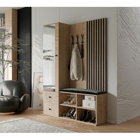 Vestiaire avec Miroir LUCA - Porte-Manteau avec Banc à Chaussures et Tiroirs - x - 129x30x196 cm - Chêne artisanal (1/5)