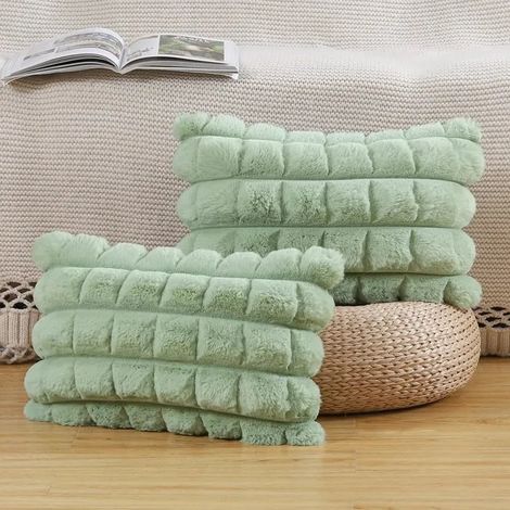 Lot de 2 À Carreaux Housses de Coussin en Peluche en Fausse Fourrure Housse de Coussin décorative Douce moelleuses Vert 30x50 cm (1/5)
