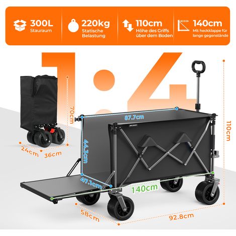 Chariot pliable 140 cm avec ridelle extensible, grandes roues tout-terrain, métal, noir et gris (1/4)