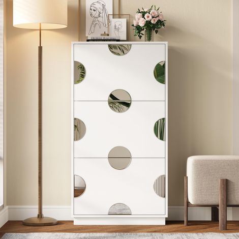 Scarpiera, 63x24x120 cm, mobile da ingresso salvaspazio con specchio rotondo, in MDF moderno con 3 ante a ribalta, bianco (1/5)
