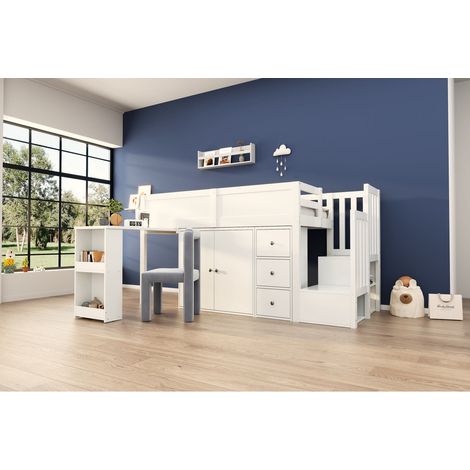 Lit mezzanine enfant 90 x 200 cm blanc bureau escamotable, armoire, tiroir, escalier avec rangement (1/5)