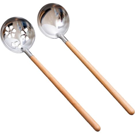 Ensemble de 2 ustensiles de cuisine en acier inoxydable 304 avec manche en bois comprenant louche et passoire à long manche 26 x 6,5 cm couleur argentée (1/5)
