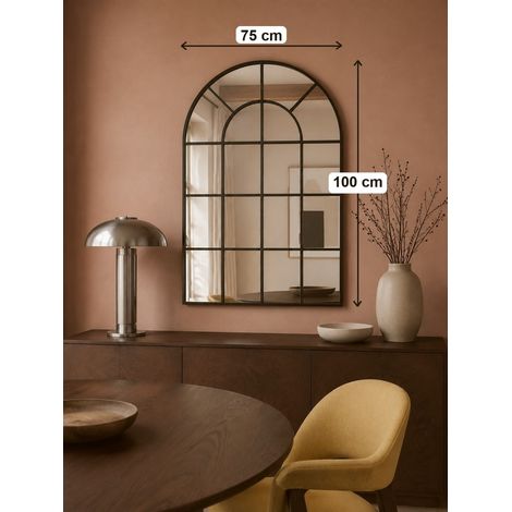 LunaMirror Aster Fensterspiegel 100 x 75 cm, Bogenform mit dekorativer Fenstersprossen-Optik, Antikbronze (1/5)
