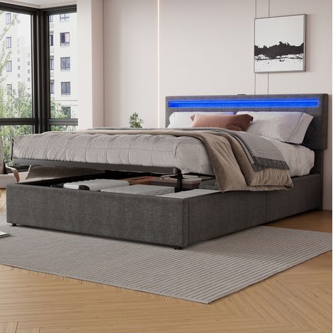 Lit coffre 160x200 cm en lin gris avec LED, ports USB et USB-C, sommier à lattes inclus (1/5)