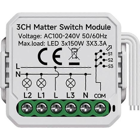 Matter WiFi 3-Wege-Schaltermodul, Heimautomatisierungsrelais, Leitungsschutzschalter, kompatibel mit HomeKit, SmartThings, Alexa und Google Home (3 Kanäle). (1/5)