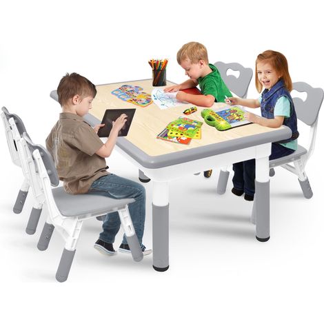 Kindertisch mit 4 Stühlen Plastik Kindersitzgruppe Kinder Tisch Stuhl Set Höhenverstellbar Sitzgruppe Maltisch Kindermöbel für Jungen Mädchen ab 2 Jahre, Grau NAIZY (1/4)