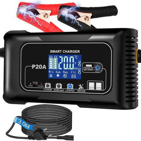 Chargeur de Batterie de Voiture 20 A 12 V/24 V avec Chargeur pour Batteries LiFePO4 et Plomb-Acide (AGM, Gel, MF, EFB, SLA, etc.), Charge à trépied, désulfateur, écran LCD pour Voiture, Moto, Bateau (1/5)