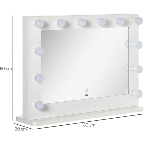 Miroir Hollywood avec éclairage, commande tactile, fonction mémoire, 12 lampes LED à intensité variable, blanc, 80 x 60 cm (1/5)