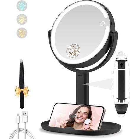 Cosmetic Mirror 20x, 3-Color LED, Storage Base, Makeup Table (1/5)