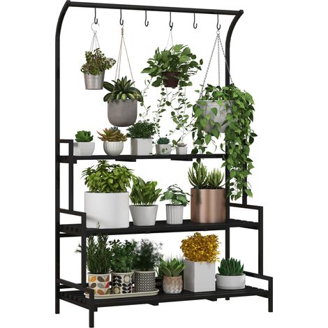 Support à fleurs, 3 niveaux, 6 crochets, intérieur et extérieur, structure en métal, 170 cm (H) x 110 cm (L) x 50 cm (l), noir (1/5)