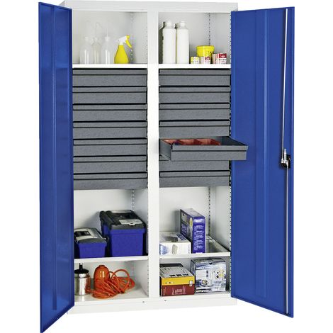 Stumpf Armoire à outils et matériaux Série 3000 gris clair / bleu gentiane + 14 tiroirs 100 mm + cloison centrale + 4 étagères coulissantes - 3004474