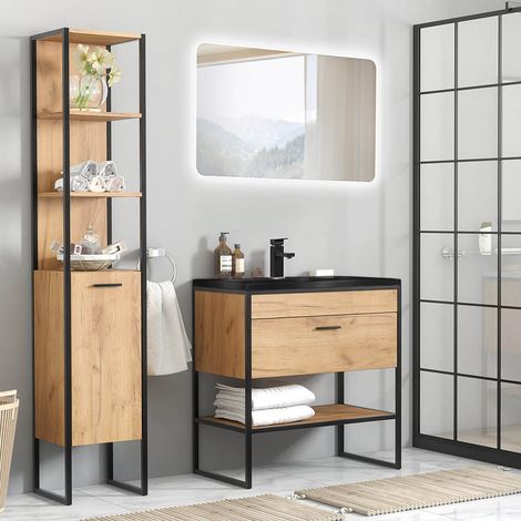 Badmöbelset in Industrie-Design MANHATTAN-56 4-teilig in Gold Craft Oak Eiche/schwarz B/H/T: 135/200/46cm (1/5)
